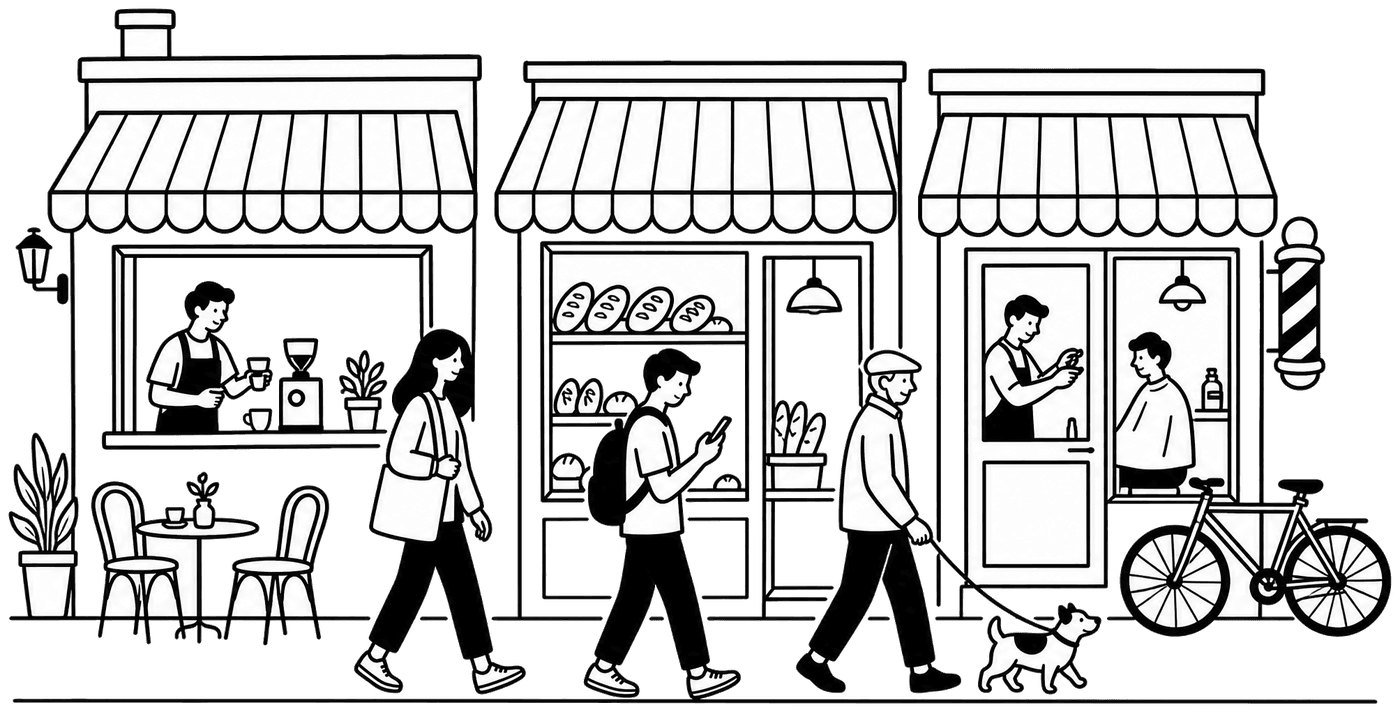 Una strada di quartiere con un bar, un forno e un barbiere, e qualche passante.