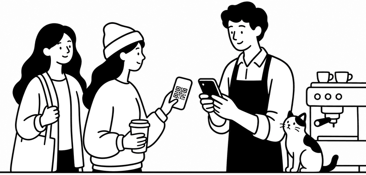 Al bancone di un bar: due clienti mostrano la tessera sul telefono, il barista timbra.
