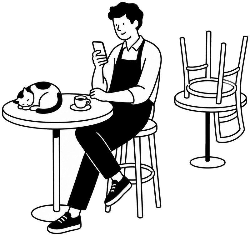 Il titolare a fine giornata guarda i numeri sul telefono, col gatto che dorme sul tavolino.